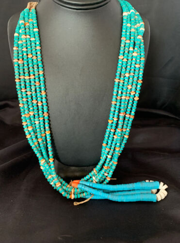 Native American Santo Domingo Spiny Blue Turquoise Shell Jacla Necklace | 36" | 13193
