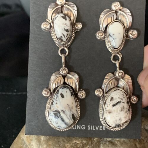 Navajo White Buffalo Turquoise Dangle Earrings Set | Sterling Silver | Authentic Native American Handmade | 13753