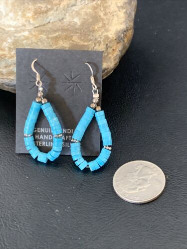 Navajo Turquoise Heishi Sterling Silver Pearls Beads Earrings | 1.5" | Authentic Native American Handmade | 13044