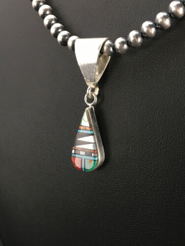 Turquoise Multi-Stone Inlay Pendant | Sterling Silver Bead Necklace 1.75" | Navajo Jewelry 2705