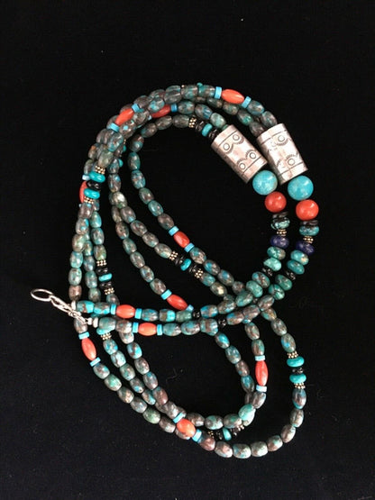 Navajo Blue Spiderweb Turquoise Coral Necklace | Sterling Silver | 3-Strand 29" | 1722