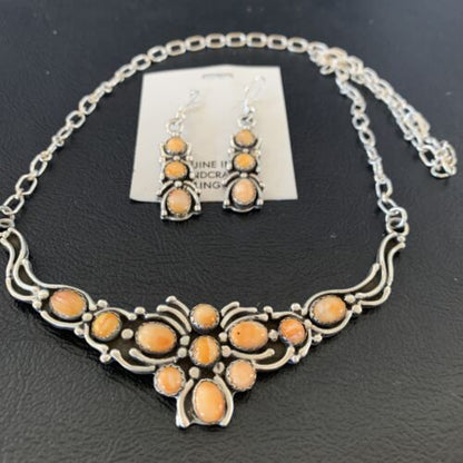 Navajo Orange Spiny Oyster Necklace & Earrings Set | Sterling Silver | Authentic Native American Handmade | 2102