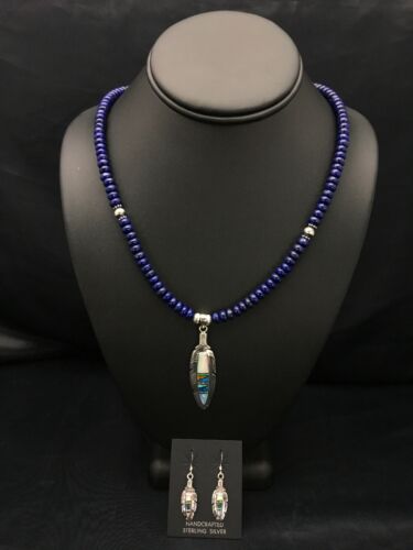 Navajo Opal Feather Multi-Color Lapis Pendant Necklace & Earring Set | Sterling Silver | Authentic Native American Handmade | 2771