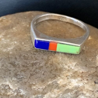 Native American Navajo Green Gaspiete Lapis Red Coral Inlay Ring | Sz 7 | 11139 - Masha USA