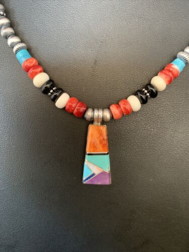 Navajo Multi-Color Turquoise Onyx Inlay Pendant Necklace | Sterling Silver | 13798