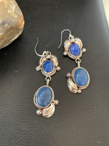 Native American Navajo Denim Lapis Dangle Earrings | Sterling Silver | 2" | 1866