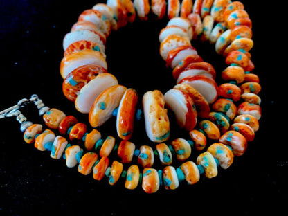 Authentic Navajo Orange Spiny Oyster & Turquoise Necklace | Sterling Silver | 22" | 194