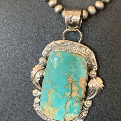 Navajo Pearls Necklace with Blue Royston Turquoise Pendant | Sterling Silver | Native American Handmade | 12289
