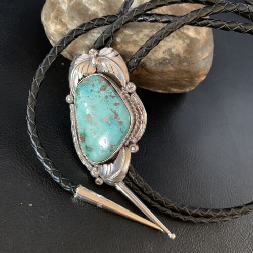 Navajo Green Royston Turquoise Bolo Tie | Sterling Silver | Authentic Native American Handmade | 14110