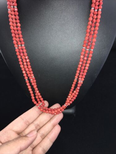 Southwestern Navajo Faceted Red Coral Bead Necklace | Sterling Silver | Authentic Native American Handmade | 01819