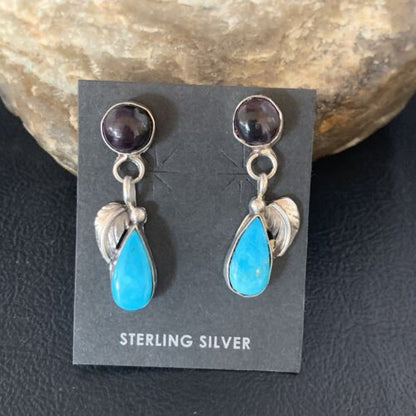 Navajo Sterling Silver Dangle Earrings | Purple Sugilite & Blue Turquoise | Leaf Design | 13446