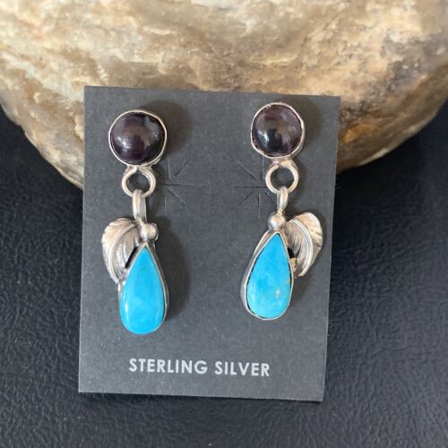 Navajo Purple Sugilite Blue Turquoise Dangle Leaf Earrings | Sterling Silver | Authentic Native American Handmade | 13452