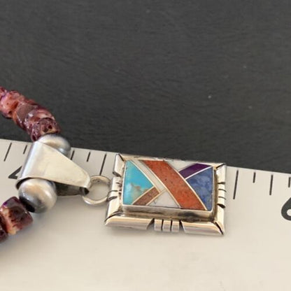 Navajo Multi-Color Inlay Pendant | Sterling Silver Purple Spiny Oyster Necklace 21" | 12359