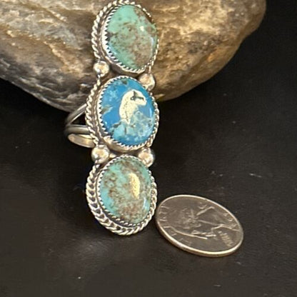 Navajo Blue Kingman Turquoise Cluster Ring | Authentic Native American Sterling Silver | Multi-Stone | Sz 8.5 | 14492