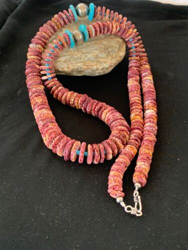 Authentic Native American Navajo Necklace | Purple Spiny Oyster & Turquoise | Sterling Silver Navajo Pearls | 36"