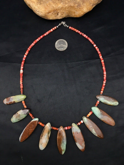 Navajo Green Chrysoprase & Spiny Oyster Necklace | Sterling Silver | 20" | Authentic Native American Handmade | 4284