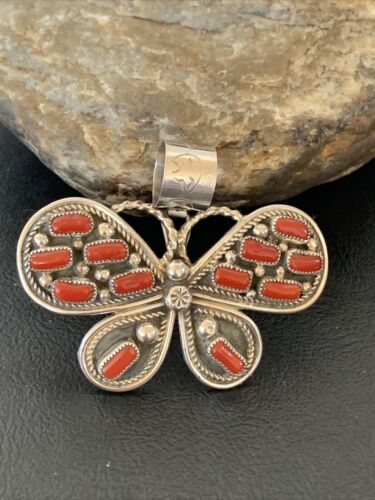 Navajo Red Coral Butterfly Pendant | Authentic Native American Sterling Silver | Multi-Stone | 1.5" | 1998