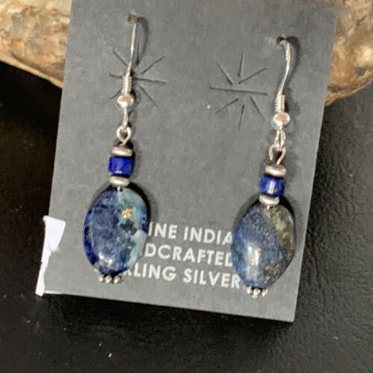 Navajo Lapis Lazuli Bead Dangle Earrings | Sterling Silver | 1" | Authentic Native American Handmade | 13329