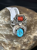 Navajo Blue Kingman Turquoise Coral Ring | Authentic Native American Sterling Silver | Multi-Stone | Sz 10 | 00107