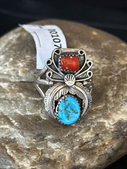 Navajo Blue Kingman Turquoise Coral Ring | Authentic Native American Sterling Silver | Multi-Stone | Sz 10 | 00107