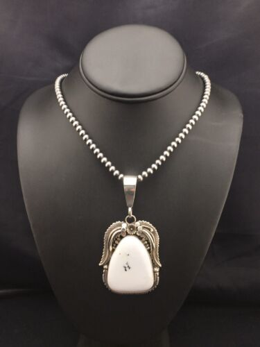 White Buffalo Turquoise Pendant Necklace | Navajo Sterling Silver | Authentic Native American Handmade | 4529