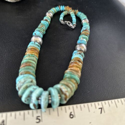 Navajo Blue Green Turquoise Bead Necklace | Sterling Silver | Graduated | Authentic Native American | 20" | 14240