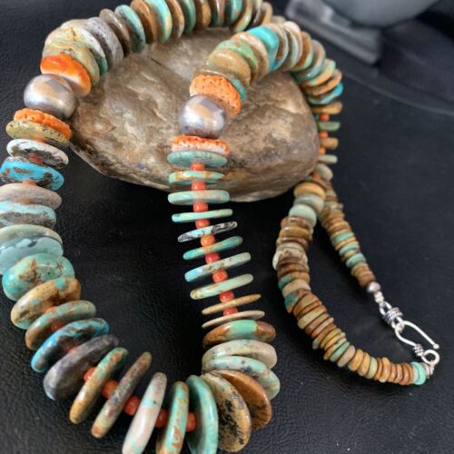 Navajo Green Turquoise & Spiny Oyster Necklace | Sterling Silver | Authentic Native American | 26" | 13907