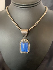 Navajo Denim Lapis Necklace with Pendant | Sterling Silver Pearls | Authentic Native American Handmade | 12440