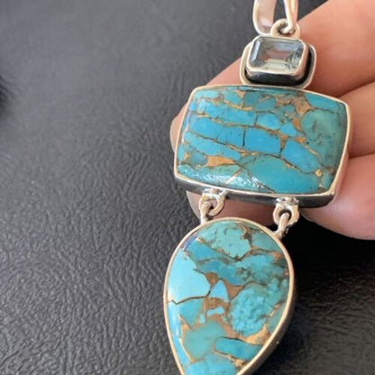 Navajo Blue Topaz Mojave Turquoise Pendant | Authentic Native American Sterling Silver | Multi-Stone | 10714