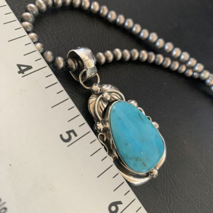 Men's Navajo Pearls Necklace with Blue Kingman Turquoise Pendant | Sterling Silver | Native American Handmade | 12599 - Masha USA