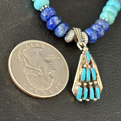Zuni Blue Turquoise Lapis Multi-Stone Necklace Pendant | Authentic Native American Sterling Silver | 14639