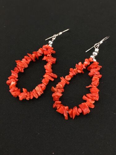 Native American Sterling Silver Navajo Red Coral Earrings | 2" | 1086