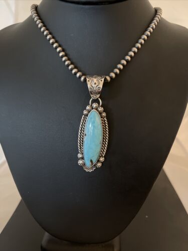 Men's Blue Kingman Turquoise Pendant | Navajo Pearls Sterling Silver Necklace | Authentic Native American Handmade | 01071