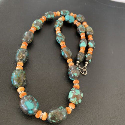 Navajo Green Turquoise & Orange Spiny Oyster Necklace | Sterling Silver | 25" | Authentic Native American Handmade | 1849
