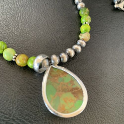 Navajo Pearl Necklace with Green Mojave Turquoise Pendant | Sterling Silver | Authentic Native American Handmade | 11759