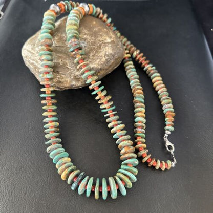 Navajo Turquoise & Red Spiny Oyster Necklace | Sterling Silver | Authentic Native American | 32" | 14382