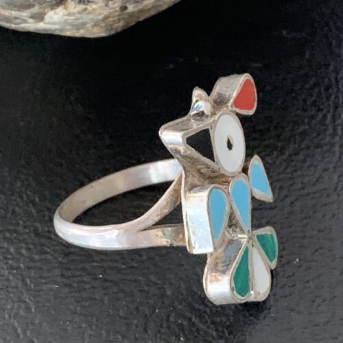 Zuni Peyote Bird Ring | Sterling Silver Coral Turquoise Onyx Mother of Pearl Inlay | Sz 5 | 10213