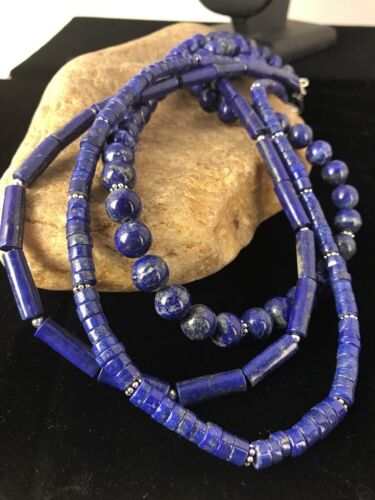 Native American Denim Lapis Necklace | 3 Strand Sterling Silver Tube Bead | 22" | 3869