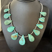 Navajo Teardrop Blue Turquoise Necklace | Sterling Silver Pearls | Authentic Native American Handmade | 14389