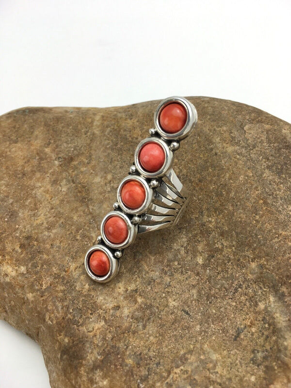 Navajo Red Spiny Oyster Cluster Ring | Authentic Native American Sterling Silver | Multi-Stone | Sz 8.75 | 2586