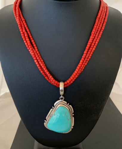 Navajo Red Coral Turquoise Bead Necklace Pendant | Sterling Silver | Multi-Strand | 1953
