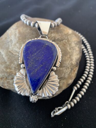 Native American Men's Navajo Pearls Necklace Pendant | Sterling Silver Blue Lapis | 1539
