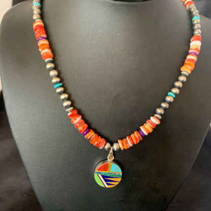 Navajo Multi-Color Spiny Turquoise Inlay Pendant Necklace | Sterling Silver | Authentic Native American Handmade | 12720