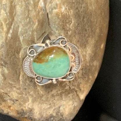 Navajo Green Royston Turquoise Ring | Sterling Silver | Sz 7.5 | Authentic Native American Handmade | 13720