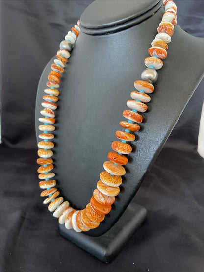 Authentic Native American Navajo Turquoise & Orange Spiny Oyster Necklace | Sterling Silver | Graduated | 22" | 10588