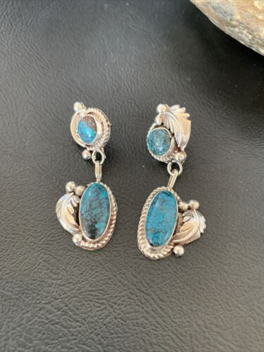 Handmade Navajo Spiderweb Turquoise Dangle Earrings | Sterling Silver | Authentic Native American | 1400
