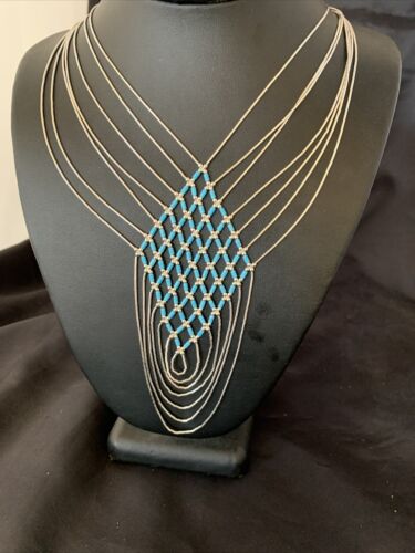 Navajo Blue Turquoise Liquid Heishi Necklace | 7 Strand Sterling Tubes | 18" | Authentic Native American | 12626