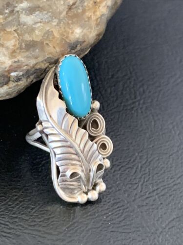 Navajo Feather Blue Turquoise Ring | Sterling Silver | Sz 7.5 | Authentic Native American Handmade | 11734
