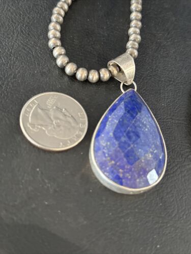 Men's Navajo Pearls Necklace with Faceted Lapis Pendant | Sterling Silver | Authentic Native American Handmade | 14469