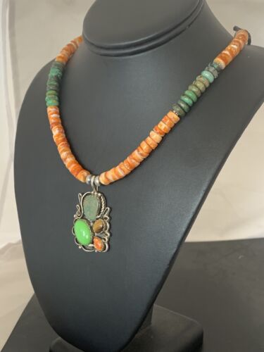 Navajo Green Turquoise and Spiny Bead Necklace Pendant | Sterling Silver | Authentic Native American Handmade | 573